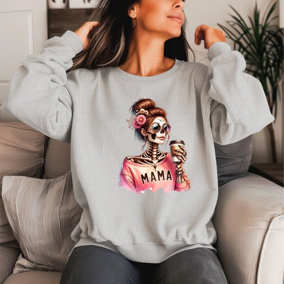 MAMA Skeleton Drinking Coffee Crewneck Sweater - Picture 2 of 2
